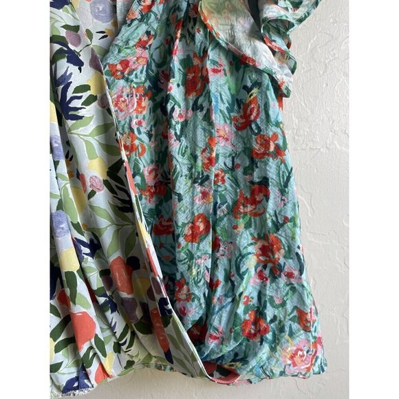 Entro Size Small Floral Top Mixed Print Faux Wrap Short Sleeve V-Neck Colorful A - Picture 8 of 12